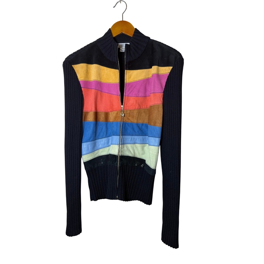 St John Sport Women Jacket M Black Rainbow Leather Suede Zip Knit Cardigan Bold
